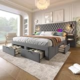 RIAZOS Doppelbett Bettanlage 180 x 200 cm mit 2X Nachtkommoden & 4 Schubladen, Kopfteil mit LED & USB Ladefunktion - Schlafzimmer Komplett-Set, Samt, Ohne Matratze