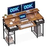 ODK Schreibtisch mit Schubladen, Computertisch mit Regal, Bürotisch mit 120x48x90cm Schreibtisch mit Monitorständer, PC Tisch mit CPU-Ständer für Home Office, Büro, Wohnzimmer, Braun