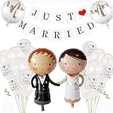 HCRXVV Just Married Deko Hochzeitsdeko 25 Stück,Brautpaar Figuren Folienballon Just Married Banner Mr und Mrs Hochzeitsfiguren Heliumballons Standesamt Verlobung Hochzeitsfeier Weiß Deko