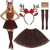 XILEPINGAN Reh Kostüm Damen, Rentier Haarreif und Tüllrock Temporäre Tattoos Socken Weihnachtskostüm Reh Kostüm Tierkostüm Erwachsene für Halloween Weihnachten Cosplay (A)