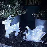 XXL Acryl Rentier mit Schlitten Beleuchtung Figur Weihnachtsbeleuchtung kaltweiß 80 LEDs Strombetrieb Außenbeleuchtung