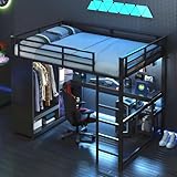 ZIDEY Hochbett 140x200 mit LED&USB Steckdose, Kinderbett Metallbett mit Schreibtisch, offenem Kleiderschrank und Ablagefächern, Stockbett Bettgestell mit Rausfallschutz&Leiter, Ohne Matratze, Schwarz