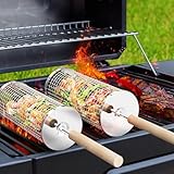 ivtivfu Nestbar Rollender Grillkorb, Abnehmbarer Holzgriff, Edelstahl 304, Outdoor Küche Grill Zubehör für Gemüse, Garten Camping Gadgets für Gasgrill, Geschenke Geburtstagsgeschenk für Männer Papa