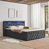 Juskys Boxspringbett Leona 140x200 cm - Bett mit LED Beleuchtung, Topper & H4 Federkern Matratzen - Einzelbett Grau mit Samt und Steppung