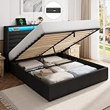 FEONASE Bett 140x200 mit Stauraum, Polsterbett 140x200 cm mit LED-Beleuchtung & Ladestation, Bettgestell mit Hydraulischem und Leinen Kopfteil Stauraum, Lattenrost, Ohne Matratze, Dunkelgrau