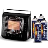 Gas Bullet ® Keramik Gasheizung 2 kW - Effizienter Gasstrahler für Camping, Outdoor & Wohnwagen-Standardisiertes Bajonett Ventil 227g-Flammenregler, Piezo-Zünder (Gasheizung+4Kartuschen)