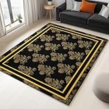 Generisch Teppich Wohnzimmer 120 x 180 cm, Schlafzimmer Teppich Wohnzimmerteppich rutschfesterteppich waschbarerteppich Retro Blumen Goldrand für Schlafzimmer Esszimmer Küchen, Schwarz