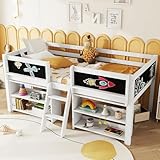 okwish Halbhochbett 90x200 cm Bettgestell mit Stauraum, Kinderbett Hochbett mit Leiter & Rausfallschutz für Kinder Jugendliche, Holzbett mit Zeichentafel & Ablagefächern, Weiß