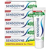 Sensodyne Sensitiv Fluorid Zahncreme, 5X 75ml, tägliche Zahnpasta, bei schmerzempfindlichen Zähnen