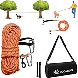 LOQATIDIS 3 in 1 Hund Tie Out Kabel, 15m 30m Portable Overhead Trolley System, reflektierende Hundeleine für Hof Camping Parks Training Laufen Wandern Outdoor, mit großer Kapazität Schultertasche