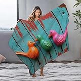 EJXN Überwurfdecke für Bett, bunte Holzvögel auf blauem Hintergrund, Flanelldecke, Decke, blaue Decke (127 x 100 cm)