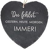 Spruchreif | Großes Schieferherz mit Gravur 'Du fehlst...' (20 x 20 cm) | Schieferherz mit Spruch | Wetterfester Grabschmuck mit Kordel zum Aufhängen | Grabdeko | Dekoherz Trauer