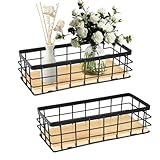 Gzsekken Drahtkorb,2 Stück Metallkorb Schwarz Dekokörbe Haushalt Wandkorb Metall Badezimmer Aufbewahrungskorb Korb Metall Abnehmbarer Holzsockel für Obst Snacks Küche Speisekammer