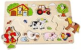 Goki 57995 Steckpuzzle Bauernhof VI für Kinder Holzpuzzle mit Traktor und Hoftieren Pferd, Schwein, Schaaf, Hahn, Kuh, 9er Set, ab 1 Jahr