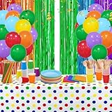474-teiliges buntes Regenbogen-Partygeschirr-Set, Party-Geschirr-Set beinhaltet Tischdecke, 17,8 cm Pappteller, Tischdecke, Lametta-Vorhang, Tasse, Serviette, Strohhalm, Holzbesteck (Messer/Gabel