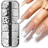 1Schachtel/12Raster Nail Art Strasssteine,Weiße Perlen Für Nägel Halbrunde Perlenkugeln Nail Charms Klein Edelstahl-Perlen Caviar Beads Weiße Flatback-Perlen für Frauen Acryl Nagel Dekorationen Design