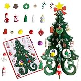 Mini Weihnachtsbaum mit 24 Anhänger Adventskalender, 3D DIY Künstliche Holz Weihnachtsbaum, Geeignet als Spielzeug, Geschenk oder Weihnachtsdekoration