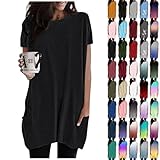 Damen Longshirt Kurzarm mit Tasche Oversized Tshirt Lang Longtops T-Shirt Sommer Oberteile Einfarbig Rundhals Longbluse Lässig für Leggings Pullover T-Shirts Tunika Tops