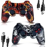 MUZELI Controller für PS3, 2 Pack Kabelloser Controller für Playstation 3 mit Double Shock Ergonomie, wiederaufladbarer Gamepad-Joystick mit Ladekabel(Skull & Fire)