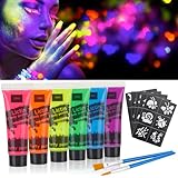 Lictin Bodypainting Farben, UV Gesichtsfarbe 6 Farben, Neon Face Paint 4 Pinsel und 5 Aufkleber, Body Paint Schminkset, Schminke Leuchtfarbe für Fasching Karneval, Neon party, Nchwarzlicht party