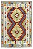 HAMID Teppich Kelim Herat, Rug 100% Handgewebte Wolle, Ethnischer Teppich Baumwollteppich mit Geometrischem Muster und Fransen für Wohnzimmer, Schlafzimmer, Esszimmer (133x89cm)