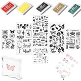 Mignor Klares Silikon Stempel Set – 5 Farben, 6 Blätter, verschiedene Muster, Stempelkissen, Blumen, Schmetterling, Wald, plus Acrylblock, für Kartenherstellung, DIY Scrapbooking, Bullet Journal