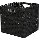 Sea Team Handgewebter Rattankorb, 28 x 26 x 28 cm, natürliches Gras und Weide, Organizer für Heimdekoration, Wäsche, Decken, rustikales Bauernhaus mit stabilen Griffen, Schwarz