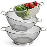 MOPUBZO Sieb 3er-Set aus Edelstahl, Mikroperforiertes Küchensieb mit Griffen, Abtropfsieb für Obst, Gemüse, Reis und Pasta, Metall Sieb, Ideal für Küche und Haushalt, 18/22/24cm