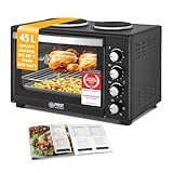 TZS First Austria - Minibackofen mit Kochplatten 45L 3200 W - Mini Backofen Pizzaofen mit Herdplatten bis 230°C & Antihaftbeschichtung - Miniofen Kombigerät mit 4 Einschubhöhen & hochwertigem Zubehör