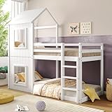 Kinderbett 90x200 Etagenbett für 2 Kinder, Hausbett Hochbett mit Leiter und Baldachin, Baumhausbett Stockbett Kinderhochbett Jugendhochbett mit Rausfallschutz und Lattenrost, Ohne Matratze, Weiß