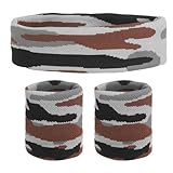 QUARKZMAN Schweiß Band Set Sport Frottee Stirnband Armband Set 8'x2' Feuchtigkeits Ableitendes Schweiß Absorbierendes Stirn Band für Frauen Männer Übung (Gestreift Tarnung Braun/Grau)