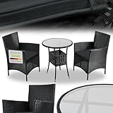 Juskys Polyrattan Balkon Set Bayamo 2 Personen - Tisch mit Glasplatte & 2 Stühlen - Wetterfeste Balkonmöbel - Auflagen waschbar - schwarz - grau