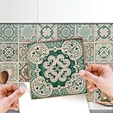 WALPLUS 24 Stück 15x15cm Vintage Green Antique Azulejo Wandfliesen Aufkleber Küchenrückwand Selbstklebende Fliesen Küche Bad Dekoration Fliesenfolie Fliesenabziehbilder