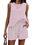 Paaruter Damen Sommer 2-teiliges Outfit Ärmelloses Tanktop Passende Shorts Sets Gestreifter Trainingsanzug Aus Baumwolle Rot Streifen M