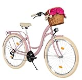 Milord Komfort Fahrrad, Weidenkorb, Hollandrad, Jugendfahrrad, Citybike, 24 Zoll, Rosa-Creme, 21-Gang Shimano