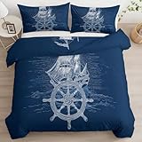 Srigzcaly Bettwäsche 155x220 cm Handgezeichnet Kompass Segelschiff Wende Bettbezug für Allergiker, Aesthetic Microfaser Bettwäsche Set - Blau Bettbezug mit Reißverschluss und 2 Kissenbezug 80x80 cm