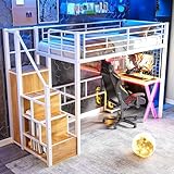 DUlVBPE Hochbett, 90 * 200cm, Mit LED-Leuchten, Ablageleiter, Schreibtisch, Kleiderschrank, Regale, ohne Matratze, Weiß