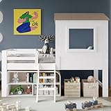 Kelodan Kinderbett, 90x200cm Halbhohes Bett, Hausbett mit Dach und Fenster, Vierseitiger Zaun, mit kleine Treppe, Freier Stauraum unter dem Bett, Kiefer+MDF+Sperrholz, Weiß+Natur