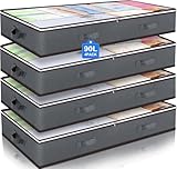 Budding Joy 4 Stück 90L Unterbettkommode, Aufbewahrungsbox mit Deckel Faltbare Unterbett Aufbewahrungsbox für Kleidung, Bettdecken und Bettwäsche, Grau