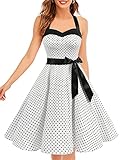 DRESSTELLS Vintage Kleider Damen Neckholder Rockabilly 1950er Polka Dots Kleid Retro Cocktailkleid Petticoat Kleid White Small Black Dot S