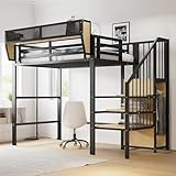 YAIXBNG Hochbett 90x200 mit Sicherheitsleiter und flexiblem Staufach, Metallbett Erwachsenenbett Kinder-Etagenbett Schwarz