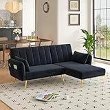 Schlafsofa L-Form Ecksofa mit Schlaffunktion Samt Rechts Links Montierbar Splitback Stützbeine Stabil Seitentaschen Kleine Räume Sofa Bed Sectional Velvet