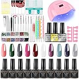 UV Nagellack Set mit 54W UV Lampe, 10 Farben Komplett Shellac Set Starterset mit LED Lampe, Gelnägel Set mit Base +Glossy&Matte Top Coat+Strasssteine+Nail Werkzeug, Perfekt für Anfänger & Profis