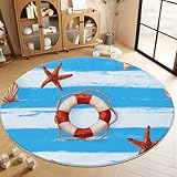 Runder Teppich Handgezeichnete Muscheln Seesterne Rettungsring 180 cm Weich Kurzflor Flanell Rund Teppich, Blau Und Weiß Rutschfester Runde Teppiche für Eingangsbereich Schlafzimmer Kinderzimmer