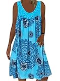Minetom Sommerkleid Damen Rundhals Spitze Druck Strandkleid A-Linie Kleid Knielang Tunika Kleider Ärmellos T-Shirt Kleid A Hellblau XXL