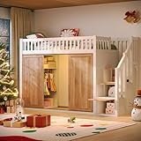 Zravenna Schrankbett Hochbett 90x200 mit Treppenschrank, Kleiderschrank mit Klapp-und Hängebereich, multifunktionales Kinderbett mit Geländer, Zweifarbiges Gestaltung, Weiß und Eichefarbe