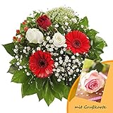 Dominik Blumen und Pflanzen, Blumenstrauß 'Gruß von Herzen' mit Rosen, Gerbera und Johanniskraut und Grußkarte 'Rosen'