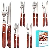 Steakbesteck edelstahl holz set 12 teilig mit 6 teilig Steakmessern und 6 teilig Steakgabeln