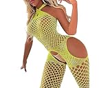 Sexy Dessous für Damen，Damen Fischnetz Bodys Dessous，Nahtlose Bodystocking catsuit Hohl Reizwäsche Strumpfhose,für Romantische Datum Tragen Reizwäsche (Gelb)