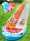 Sloosh 685.8cm Rutsche 2 Personen Deluxe Wasserrutschen mit 2 Boogie Boards Hinterhof Outdoor Wasserrutsche 2 Schiebe-Rennbahnen mit Sprinklern Sommer Spielzeug